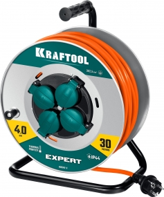 Силовой удлинитель на стальной катушке EXPERT, ПВС 3х2.5, 30м, 4000Вт, IP44, Kraftool 55089-30
