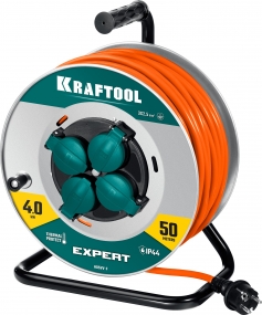 Силовой удлинитель на стальной катушке EXPERT, ПВС 3х2.5, 50м, 4000Вт, IP44, Kraftool 55089-50