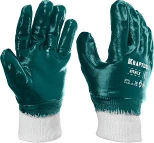 Особопрочные перчатки KRAFTOOL с манжетой, нитриловое покрытие, максимальная защита от нефтепродуктов, износостойкие, L(9), HYKRAFT 11289-L