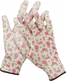 Садовые перчатки GRINDA, прозрачное PU покрытие, 13 класс вязки, бело-розовые, размер M 11291-M