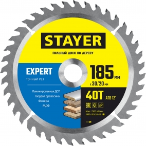 STAYER EXPERT 185 x 30/20мм 40Т, диск пильный по дереву, точный рез 3682-185-30-40_z01