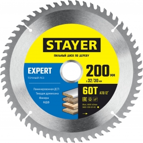 STAYER EXPERT 200 x 32/30мм 60Т, диск пильный по дереву, точный рез 3682-200-32-60_z01