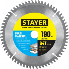 STAYER MULTI MATERIAL 190х30/20мм 64Т, диск пильный по алюминию, супер чистый рез 3685-190-30-64