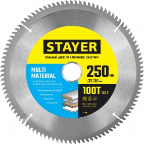 STAYER MULTI MATERIAL 250х32/30мм 100Т, диск пильный по алюминию, супер чистый рез 3685-250-32-100