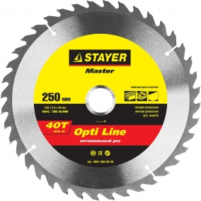 STAYER Opti Line 250 x 30мм 40Т, диск пильный по дереву, оптимальный рез 3681-250-30-40