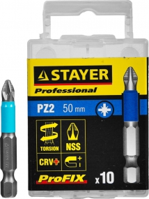 Биты STAYER PROFESSIONAL ProFix Pozidriv, тип хвостовика E 1/4 , № 2, L=50мм, 10шт 26223-2-50-10_z01