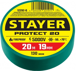 STAYER Protect-20 зеленая изолента ПВХ, 20м х 19мм 12292-G