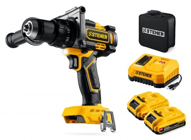 STEHER 20 В, 165 Н·м, 2 АКБ LMS (2 А·ч), бесщеточная ударная дрель-шуруповерт, сумка (CBS-165-22) CBS-165-22