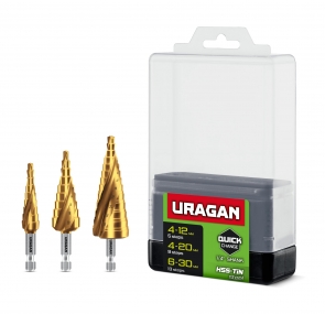 URAGAN 3 шт, 4-30мм, винтовая спираль, набор сверл ступенчатых(29658-4-30-H3) 29658-4-30-H3