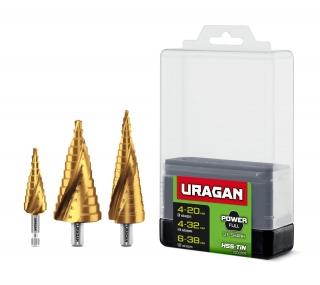 URAGAN 3 шт, 4-38мм, винтовая спираль, набор сверл ступенчатых (29658-4-38-H3) 29658-4-38-H3