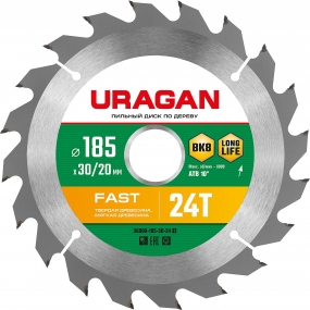 URAGAN Fast 185x30/20мм 24Т, диск пильный по дереву 36800-185-30-24_z01