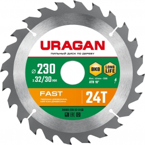 URAGAN Fast 230х32/30мм 24Т, диск пильный по дереву 36800-230-32-24_z01