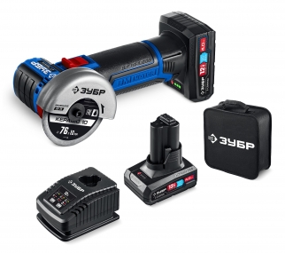 ЗУБР 12 В, D76 мм, 2 АКБ тип Т7 (4 А·ч), бесщеточная УШМ, сумка, Профессионал (AB-76-42) AB-76-42