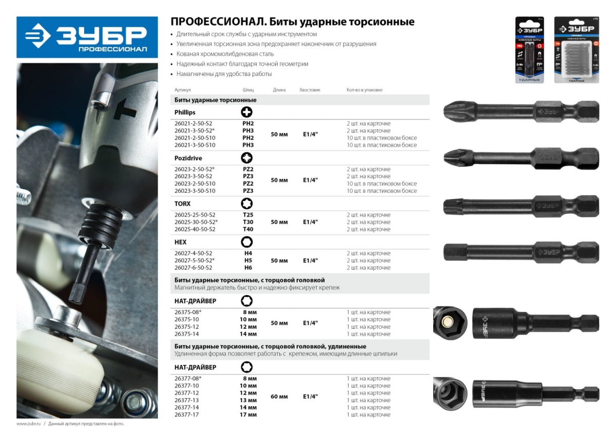 Ударные биты ЗУБР T30, 50 мм, 2 шт 26025-30-50-S2